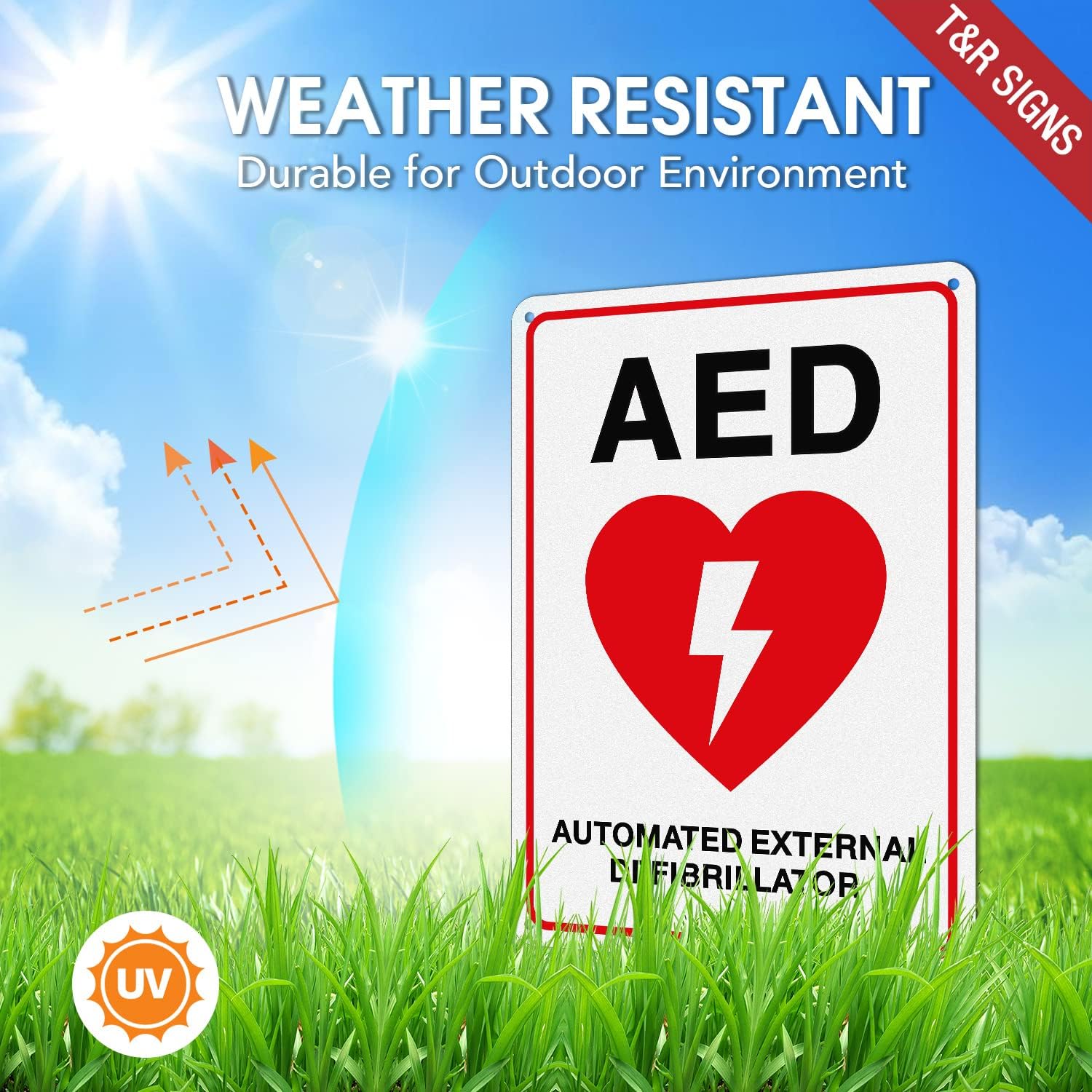 T&R AED Sign - 2 Pack - 10 x 7 Inches Rust Free .040 Aluminum -Reflective, UV Protected, Waterproof, Weatherproof and Fade Resistant - 4 Pre-drilled Holes