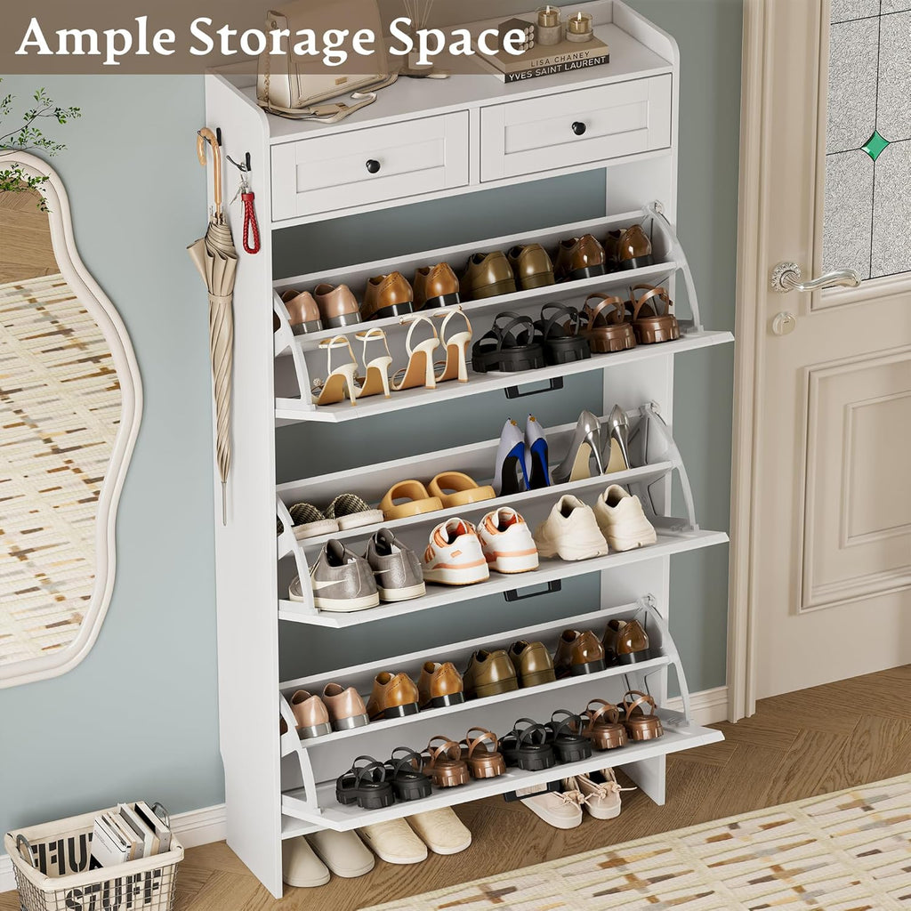 Shoe Storage Cabinet for Entryway, Farmhouse Narrow Shoe Cabinet with 3 Flip Drawers & 2 Top Drawers, Adjustable Shelves & Hooks, Freestanding Hidden Rack Organizer for Hallway, Foyer