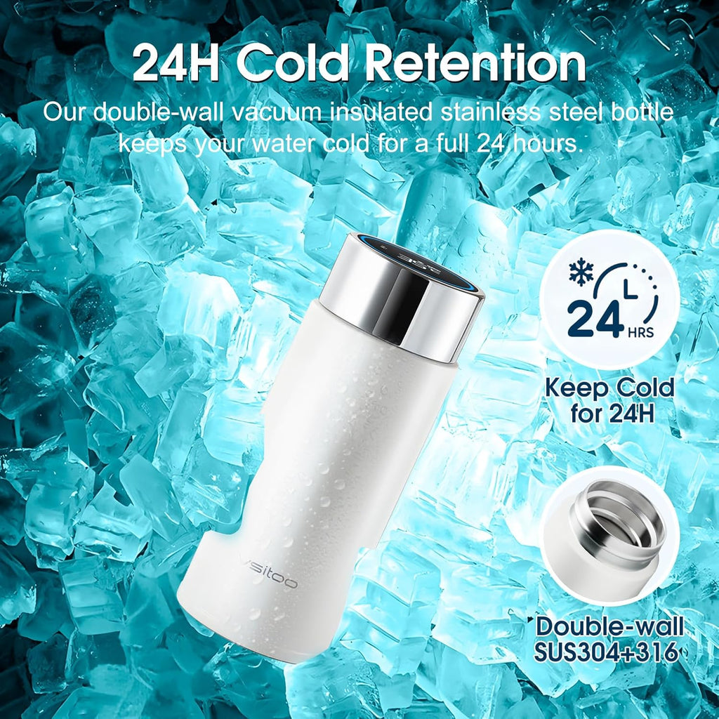 Vsitoo Smart self cleaning Insulated Water Bottle, 8.5oz Stainless Steel Vacuum Flask, AI Self-Clean, 30-Day Battery Life, BPA-Free, Magnetic Charging, Portable Travel Mug Gifts for Men Women, White