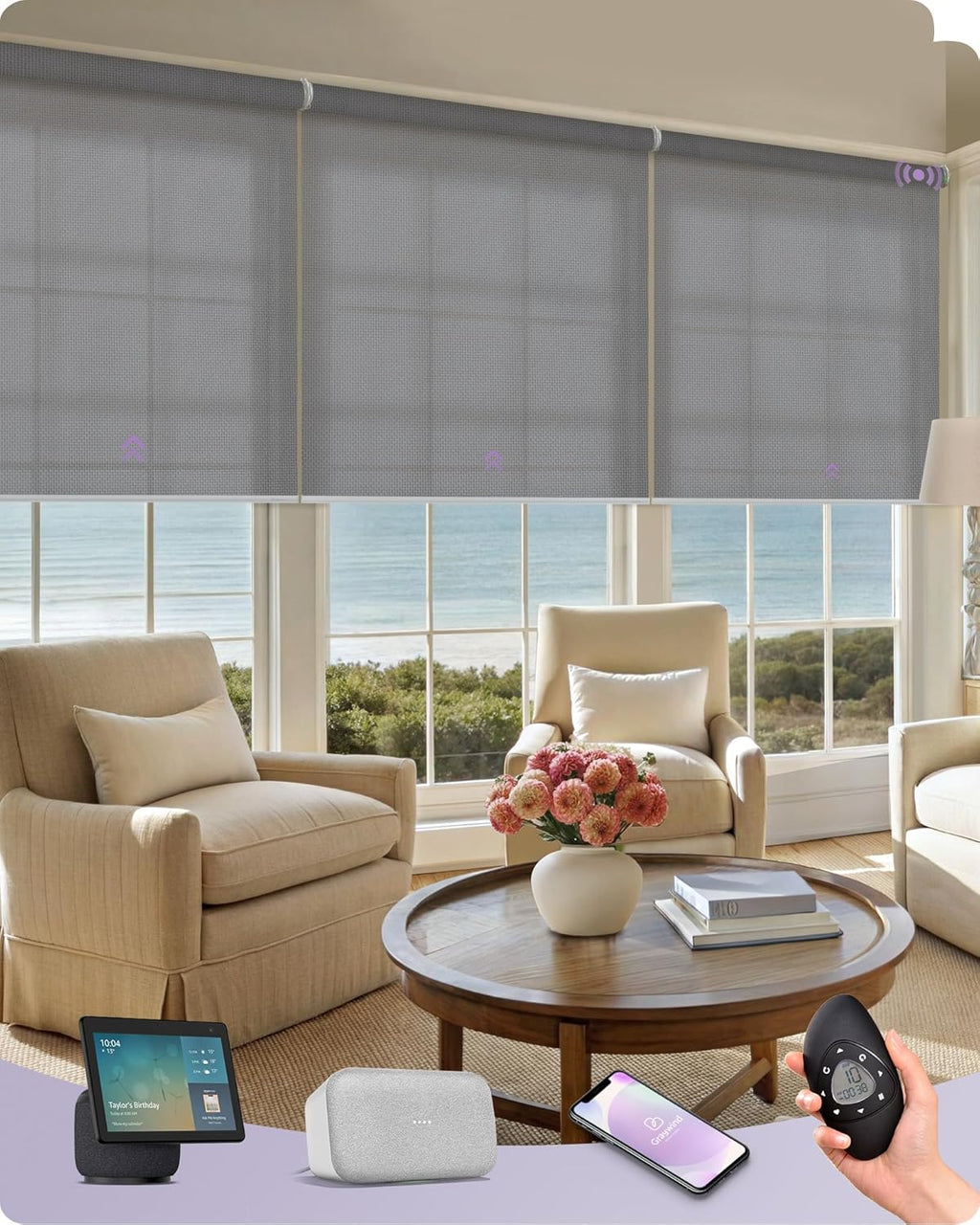Graywind Smart Coupled Roller Shades Compatible with Alexa Google Custom Size Extra Large Motorized Blinds for Windows(5% Openess Grey)