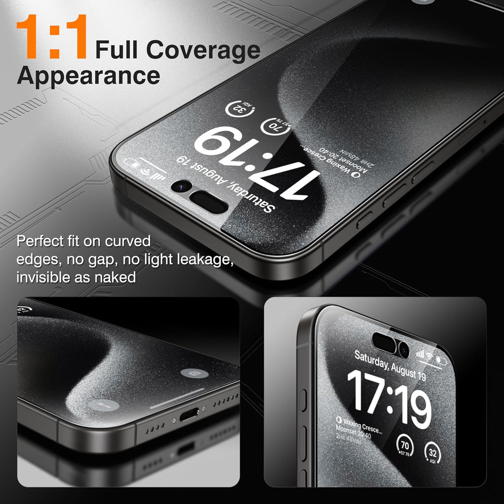 EZ-GLAZ-4 Pack for iPhone 15 Pro Privacy Screen Protector(6.1'') With [2 Pcs Camera Lens Protector], Anti-Spy, 9H Hardness, Drop-Resistant, Case Friendly, Anti-Scratch & EZ-To-Install Tempered Glass