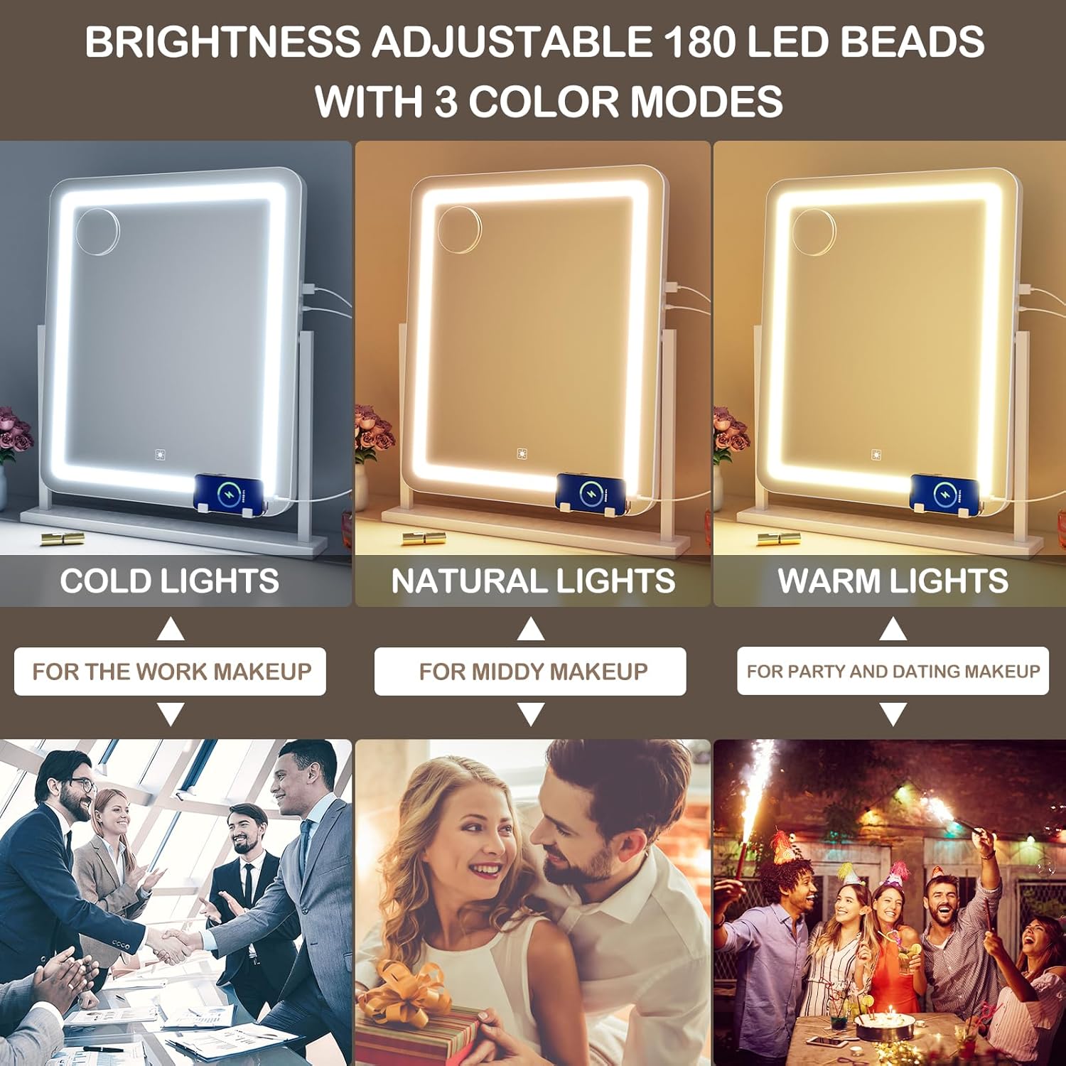 Vanity Mirror with Lights, 17.3’’ LED Makeup Mirror Detachable 10X Magnification, Smart Touch Control, 3 Color Lighting Modes,360°Rotation Tabletop Make Up Mirror for Bedroom Bathroom