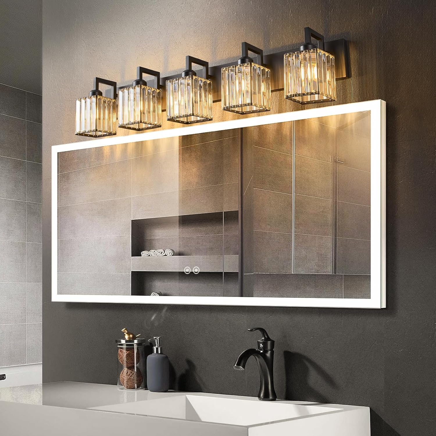 Black Bathroom Light Fixture, 5-Light Crystal Vanity Lighting, Bathroom Lighting Fixtures Over Mirror, Modern Crystal Wall Lamp