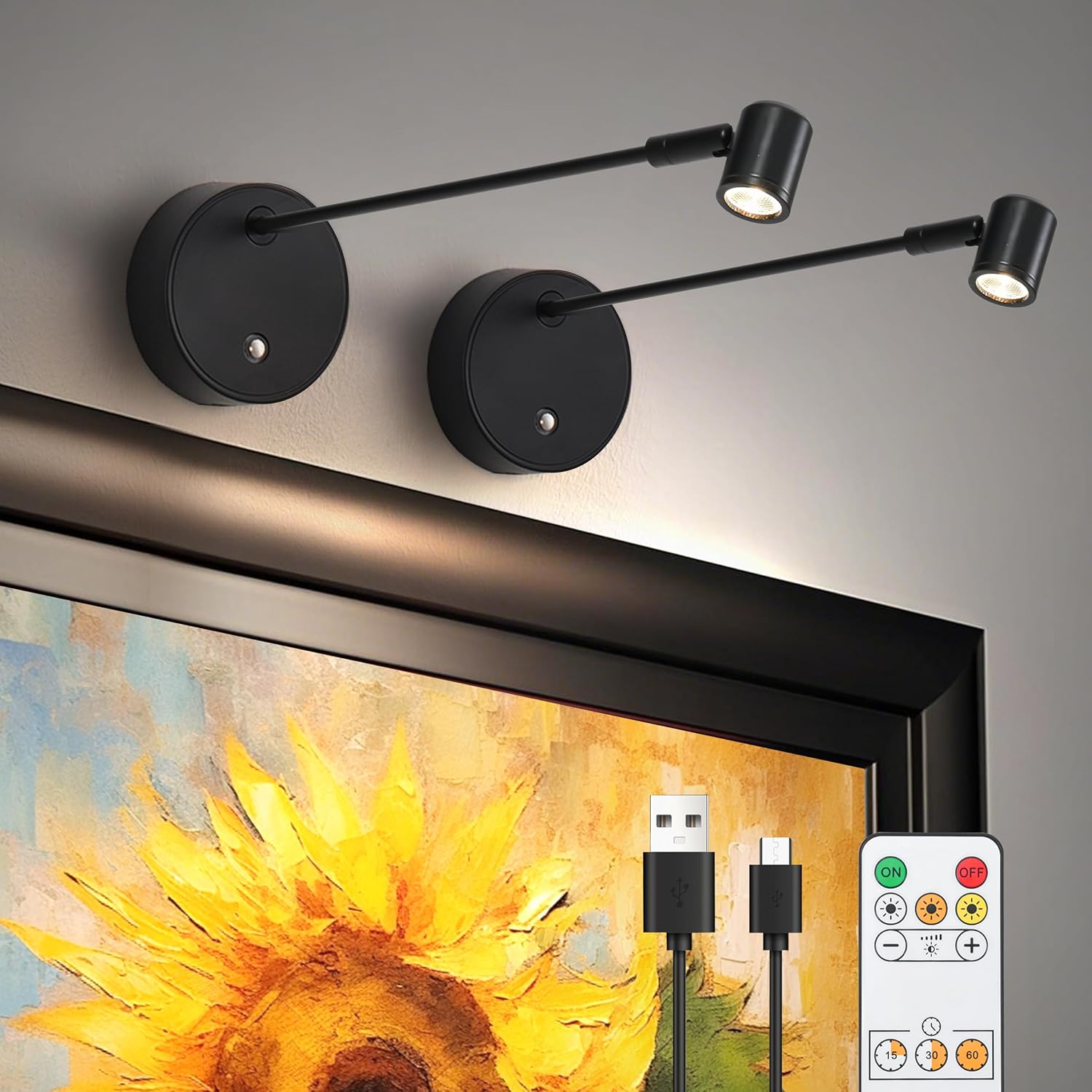 ZitoStory Lights for Pictures On Wall, Battery Operated Picture Light Rechargeable, Black Led Art Lighting for Paintings Wireless with Remote Magnetic Stick Dimmable and Timer（2 Pack）
