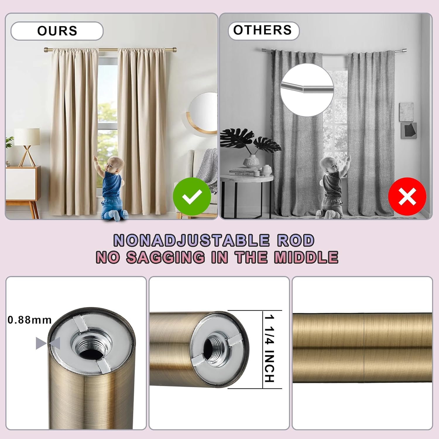 Heavy Duty Curtain Rods,1 1/4" Large Diameter Premium Nonadjustable Curtain Rod,96in/8ft Custom Window Treatment Rods with Durable Aluminum Brackets and End Caps,Antique Bronze Finish