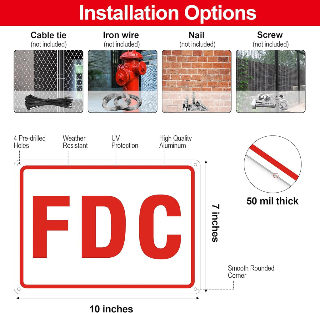 FDC Sign, 2 Pack Outdoor Aluminum Metal Sign, FDC Signs for Fire Department Connection, UV Protected Weather Resistant and Easy to Install (White Color, 10 x 7 inches)