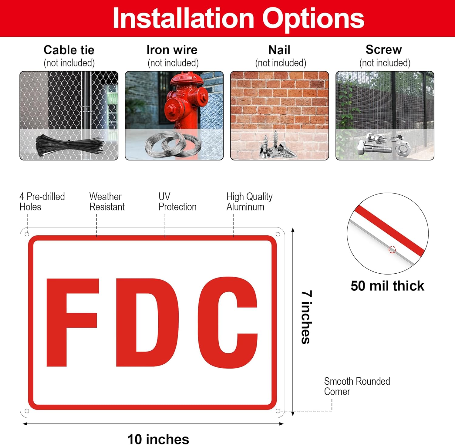 FDC Sign, 2 Pack Outdoor Aluminum Metal Sign, FDC Signs for Fire Department Connection, UV Protected Weather Resistant and Easy to Install (White Color, 10 x 7 inches)