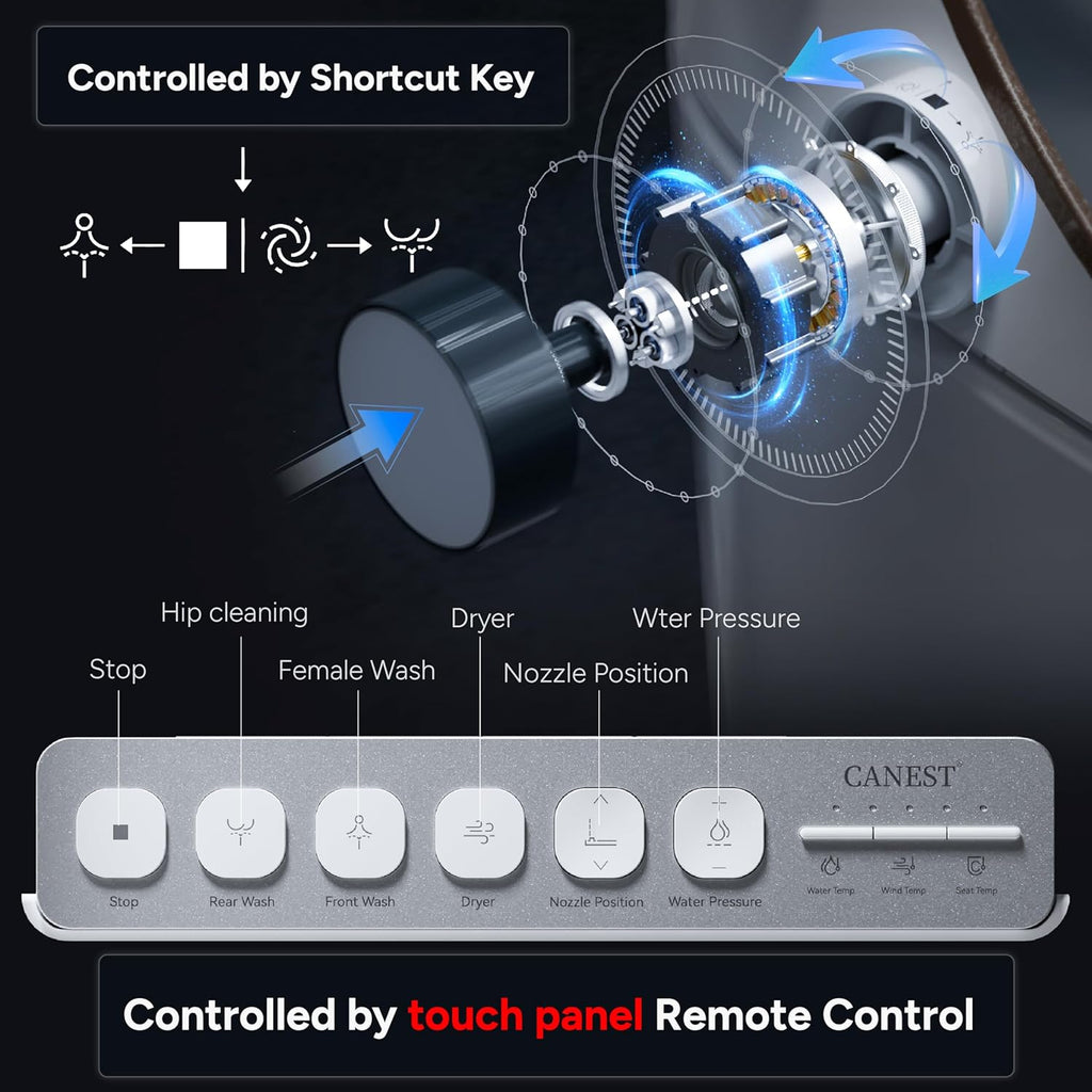 CANEST Smart Toilet with Bidet Built in, Smart Toilet with Heated Seat, Foot Sensor, Rear Wash, Warm Water and Dryer, Remote Control, LED Display, Night Light, Auto Deodorization (TC-300BK)