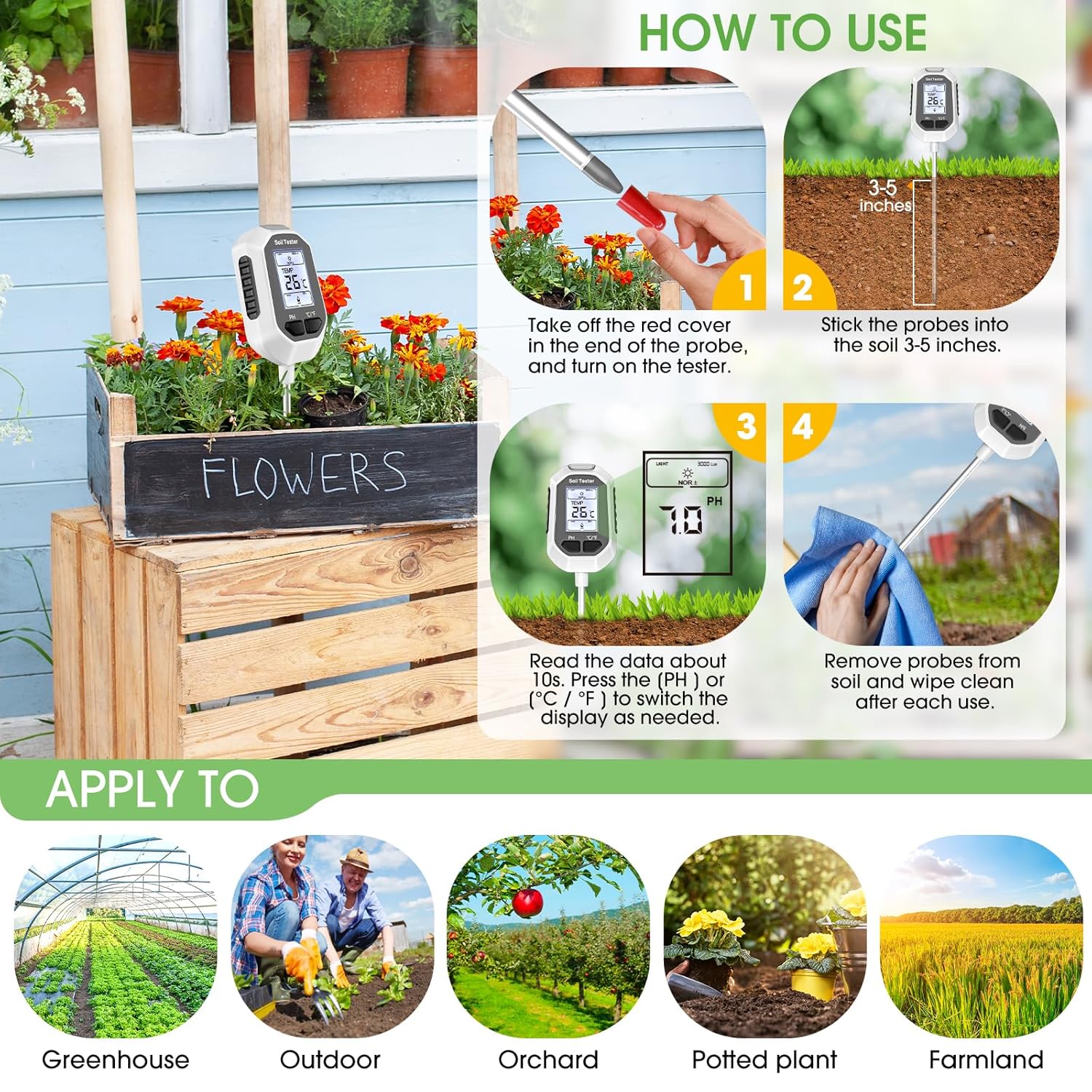 4-in-1 Soil Moisture Meter, Digital Plant Temperature/Soil Moisture Test & PH Meter/Sunlight Intensity, Backlight LCD Display for Gardening, Farming and Outdoor Plants