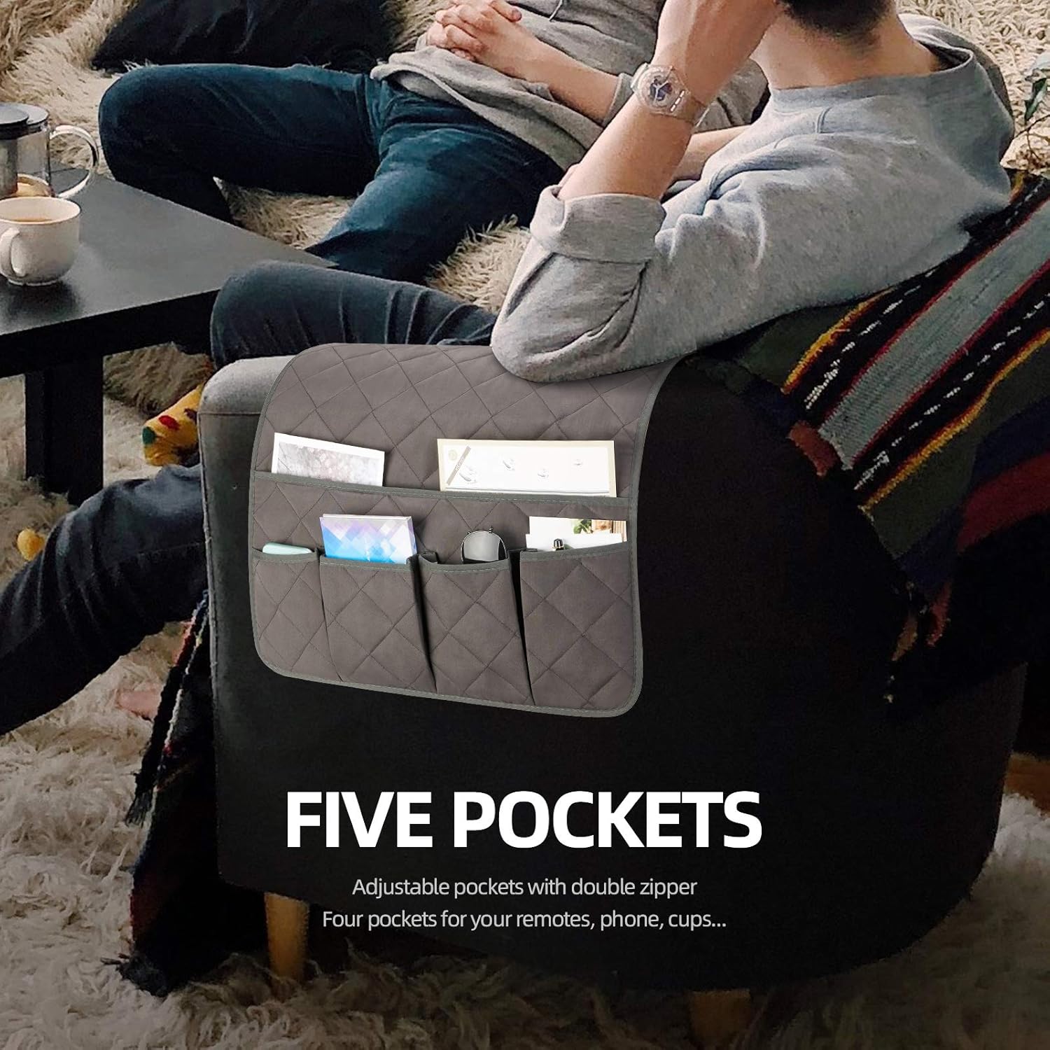 Teniux Remote Control Holder Non-Slip Couch Sofa Chair Armrest Organizer with 5 Pockets Armchair Caddy for Smart Phone, Book, Magazines, Ipad (Widened-Dark Grey (19''))