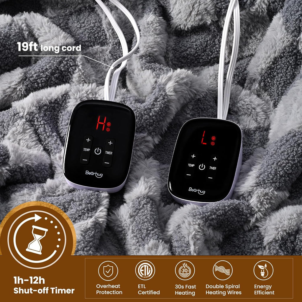 Bearhug Heated Blanket King Size 100" x 90" Dual Controller Electric Blanket Gray Teddy Faux Fur& Warm Sherpa Heating Blanket 10-Heat Levels& 1-12H Auto Off, ETL, Machine Washable, Gift Box