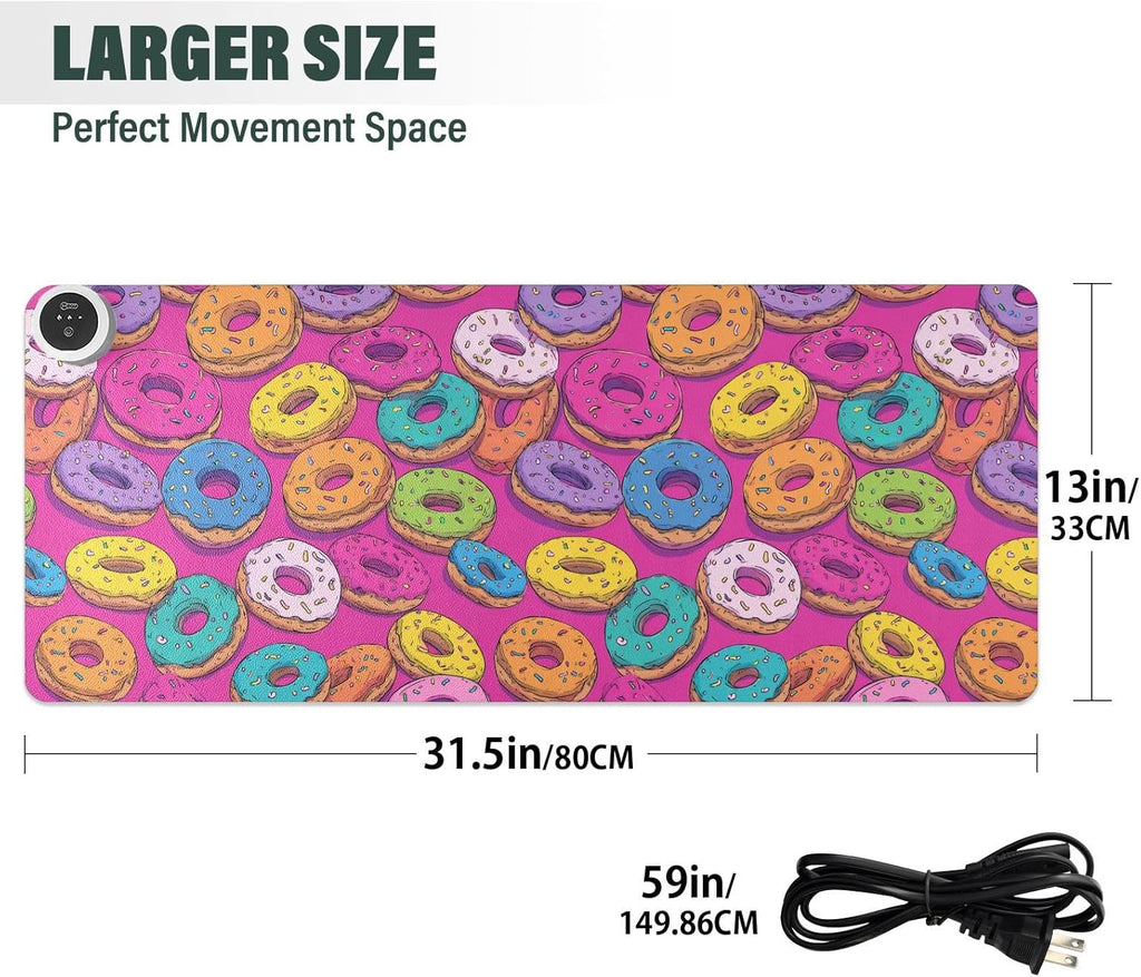 Heated Desk Pad Mouse Pad 31.5x13 Inch PU Leather Desk Mat with 3 Heat Levels Large Mouse Gaming Computer Laptop Mat Cute Donuts Colorful