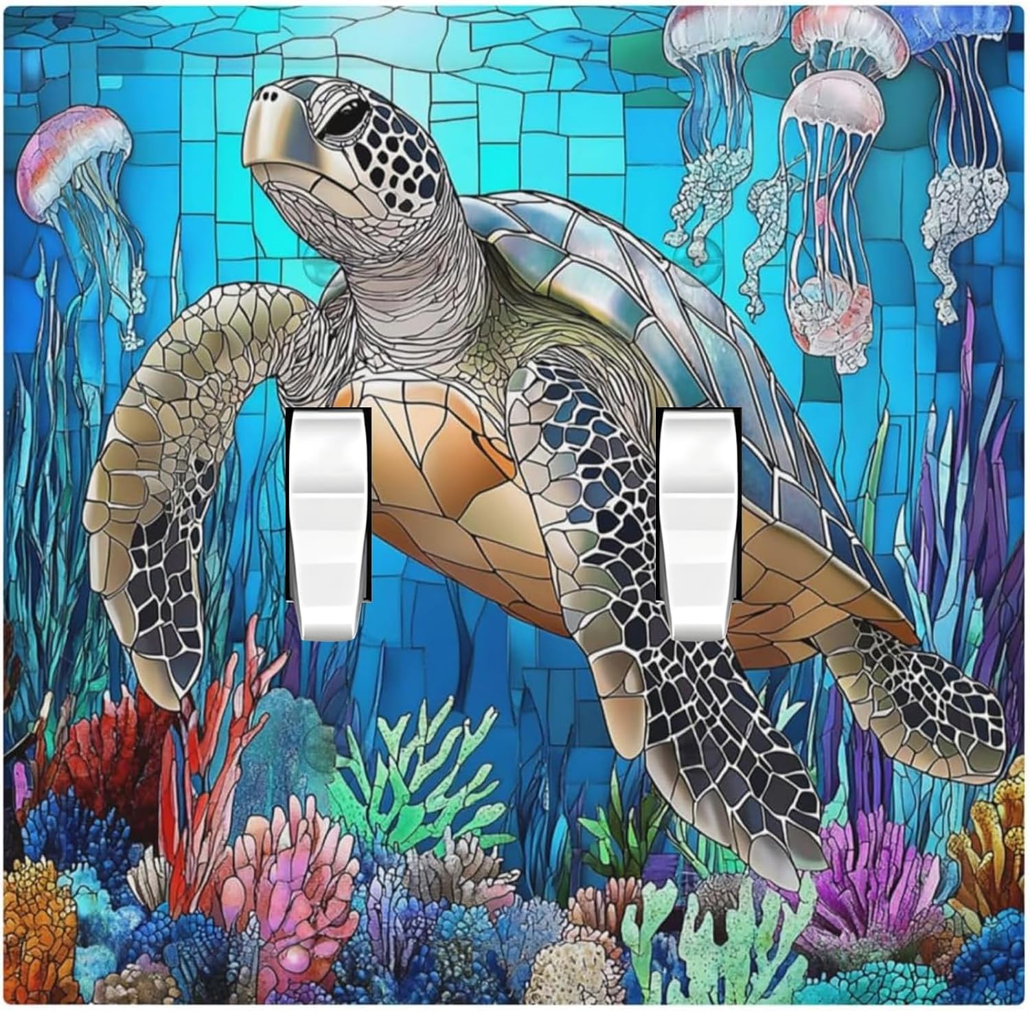 Decorative Switch Plates Nautical Sea Turtle Coral Jellyfish 2 Gang Double Toggle Outlet Light Switch Cover Wall Plate Electrical Faceplate For Kids Room Nursery Decor