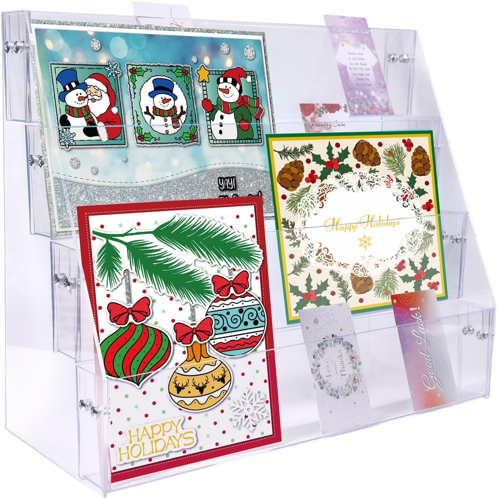 GLOBLELAND 4-Tier Clear Acrylic Sticker Display Stand Sticker Display Rack Holder Portable Card Display Rack for Greeting Cards Vendors Retail Business Brochure Postcard