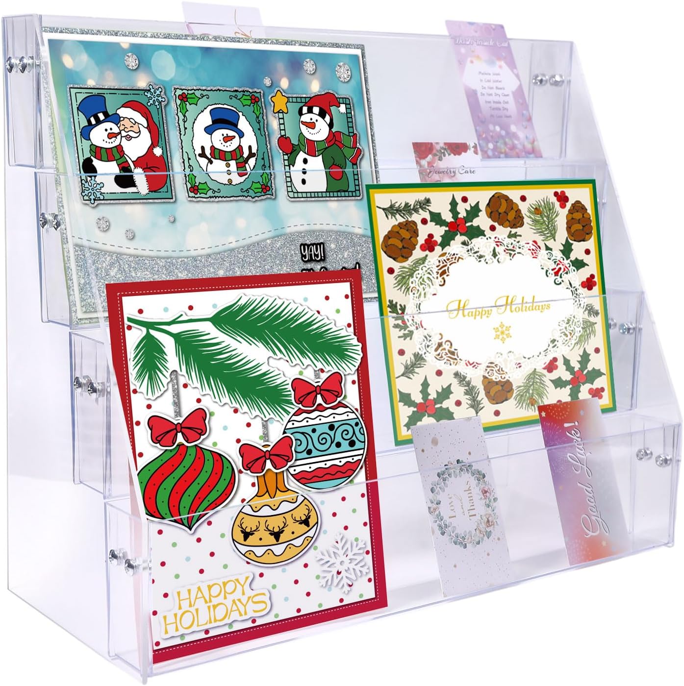 GLOBLELAND 4-Tier Clear Acrylic Sticker Display Stand Sticker Display Rack Holder Portable Card Display Rack for Greeting Cards Vendors Retail Business Brochure Postcard