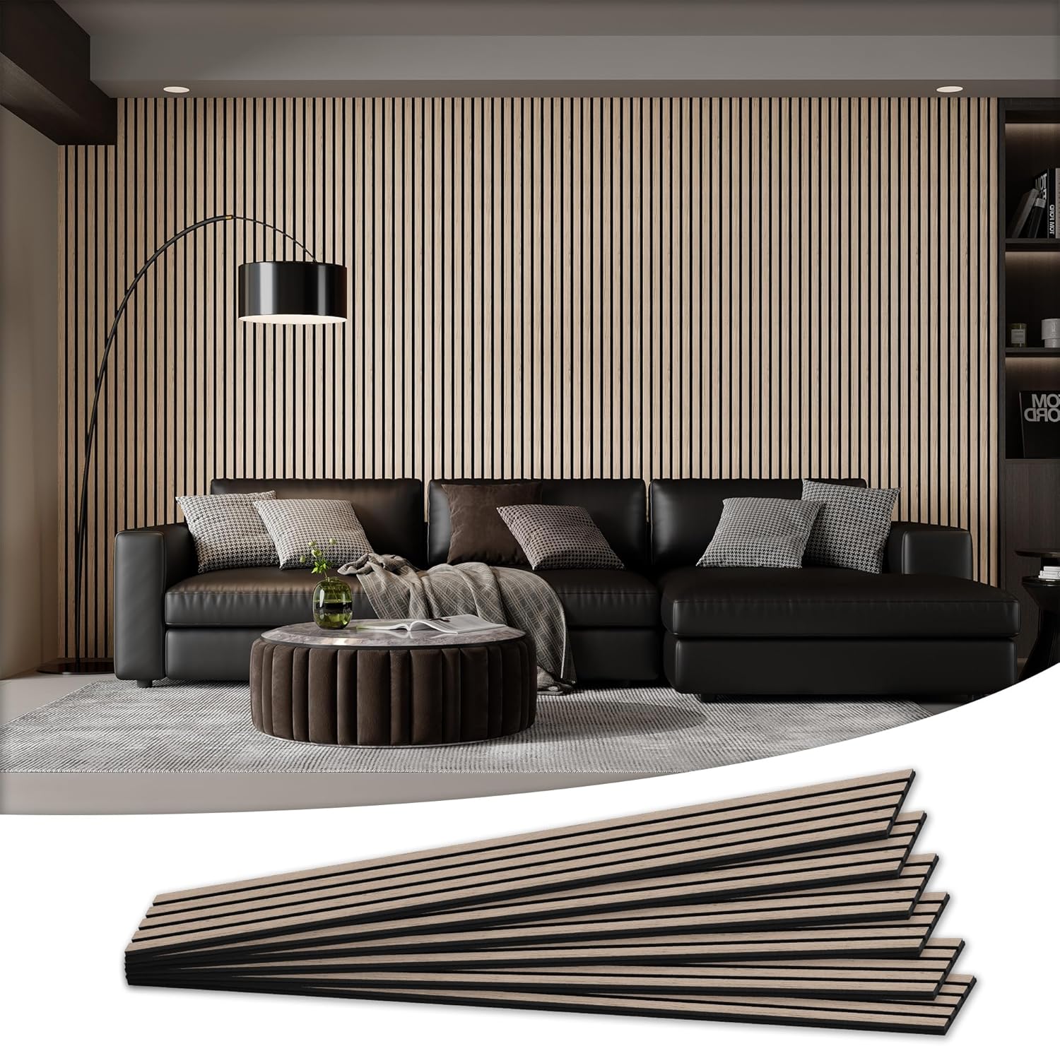 Wood Salt Acoustic Wall Panels, 6 Piece 94" x 7.9" x 0.8" Soundproof Wooden Wall Panels, 3D Fluted Sound Absorbing Panel, Rustic Walnut