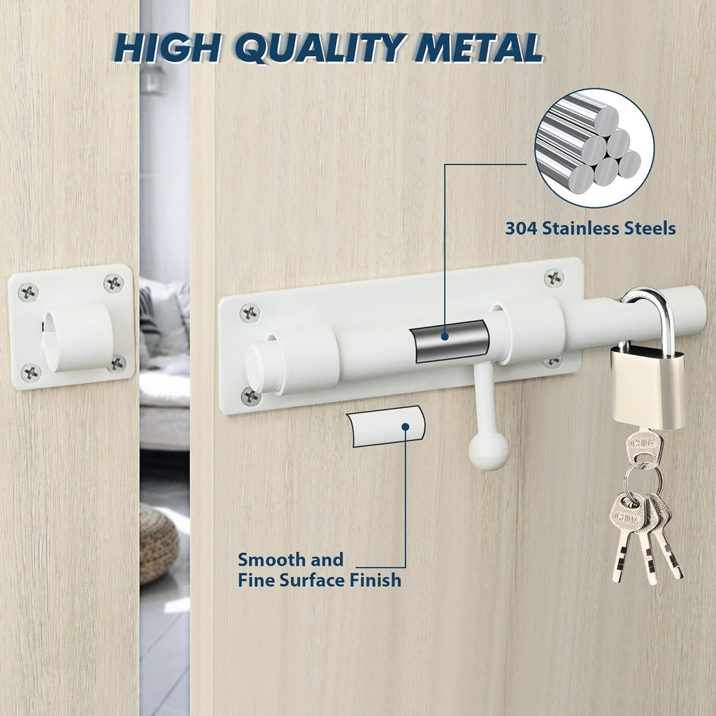 Alise 6 inch Barrel Bolt Latch,Slide Bolt Latch,Heavy Duty Solid SUS304 Stainless Steel Slide Lock for Wooden Fence,Barn Door,Interior or Outdoor Door White MS8000-W