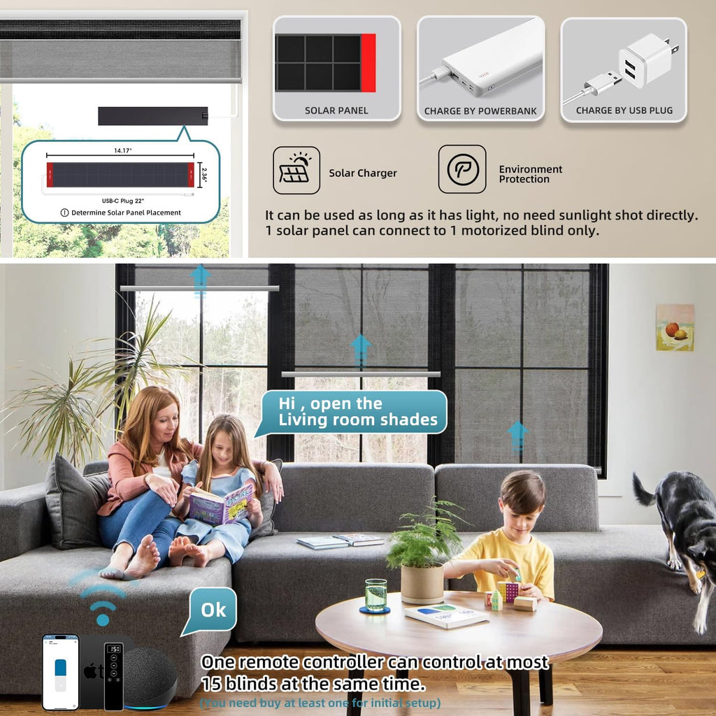 SmartWings Motorized Light Filtering Shades, 50% Blackout PVC Free Smart Blinds, Custom Size, Rechargeable Battery, Works with Matter/Apple HomeKit, Alexa, Thread/Zigbee, Remote Optional, 50% Black