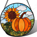 Stained Glass Window Hanging Fall Farm Scenery Sunflower Pumpkin Large 15" - Suncatcher Door Garden Kitchen Sunroom Sun Catcher Home Decor Birthday for Mom Grandma Men Woman