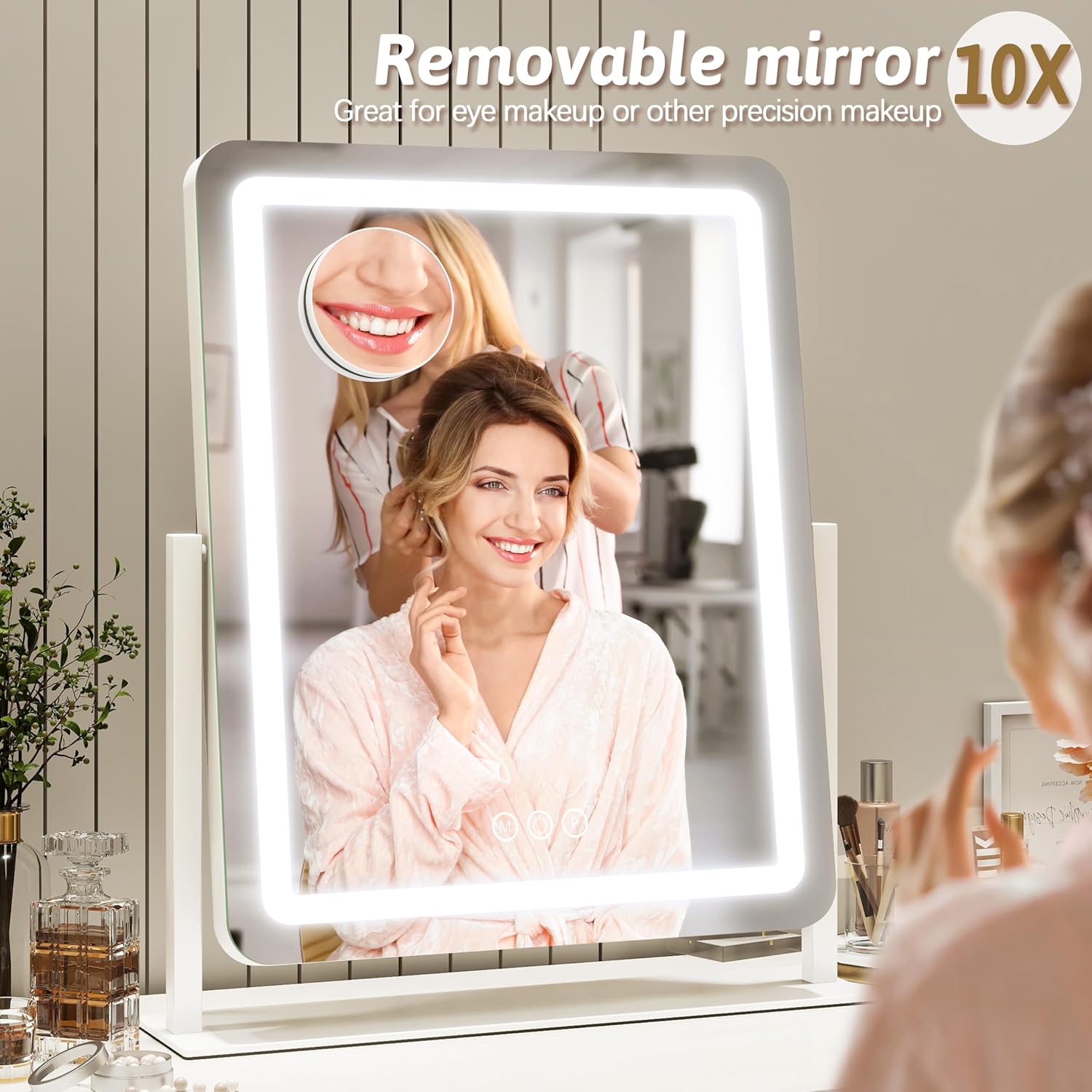 ROLOVE 22x18 Inch Vanity Mirror with Lights, 3 Color Dimmable LED Lighting, Smart Touch Control & 360° Rotation, Large Makeup Mirror for Bedroom, Dressing Room (White)