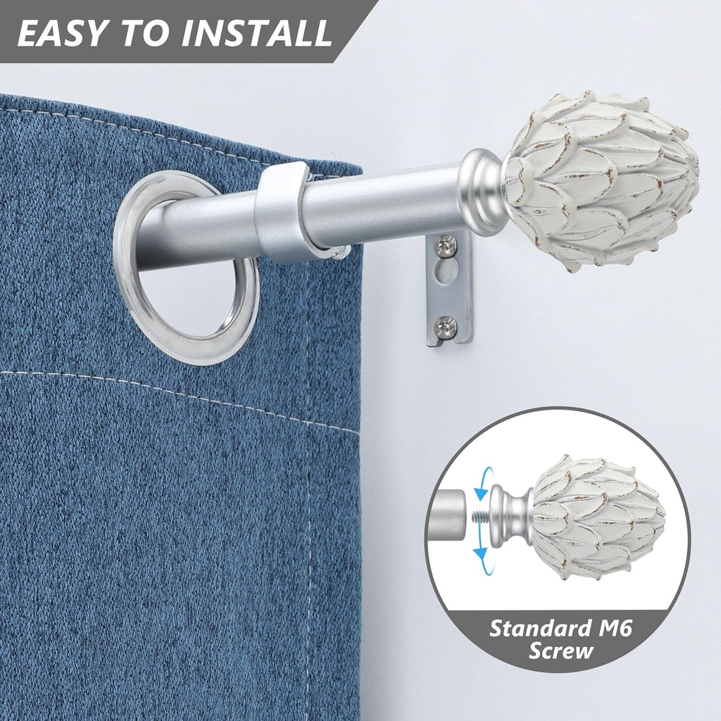 Curtain Rods for Windows 66 to 120 Inches 1 Inch Diameter Adjustable Drapery Rod Decorative Single Window Curtain Rods with Classic Finials,Silver