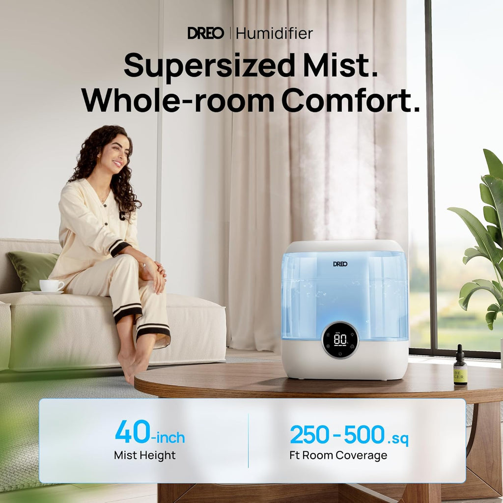 Dreo 6L Top Fill Humidifiers for Bedroom, 60H Runtime 28 dB Quiet Supersized Cool Mist Air Humidifiers for Large Room, Baby Nursery, Plant, Indoor, Night Light, Easy to Clean, Precise Humidity Control