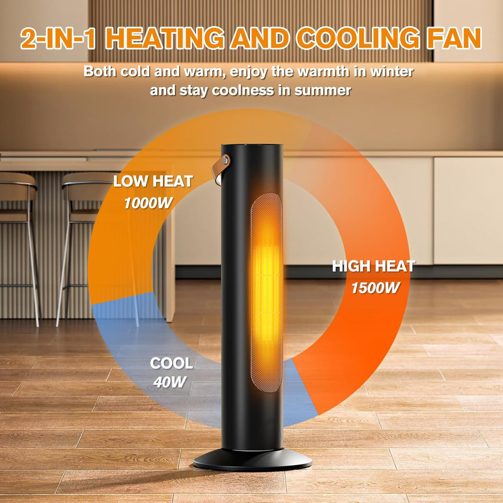 Electric Space Heaters For Indoor Use, 25" 2-IN-1 Tower Heater And Fan Combo, 70°Oscillating, 2S Instant Heating, 1500W, 3 Heating & Fan Modes,Electric Portable Heater For BedroomOfficeHome, Black