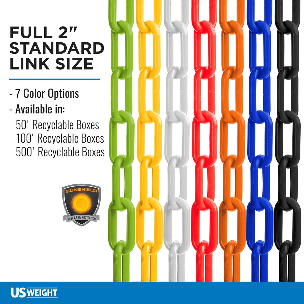 US Weight (Made in USA) 2" x 50' Red Plastic Safety Chain ft. SunShield UV Resistant Technology