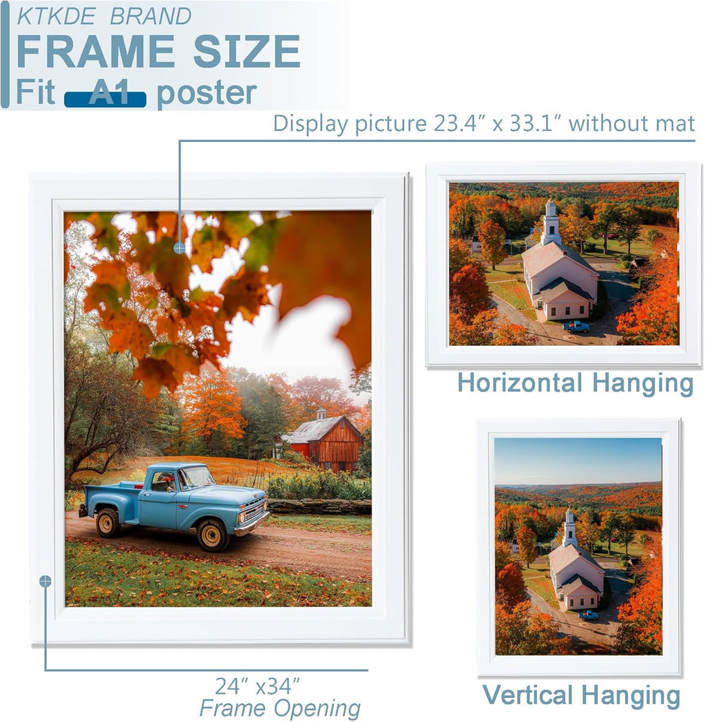 KTKDE A1 Picture Frame Set of 3, 23.4 x 33.1in Poster Frame Wooden White -Horizontal or Vertical Wall Hanging for Home, Exhibition, Caffe Large Frame for Photos, Posters - Art Prints best gift