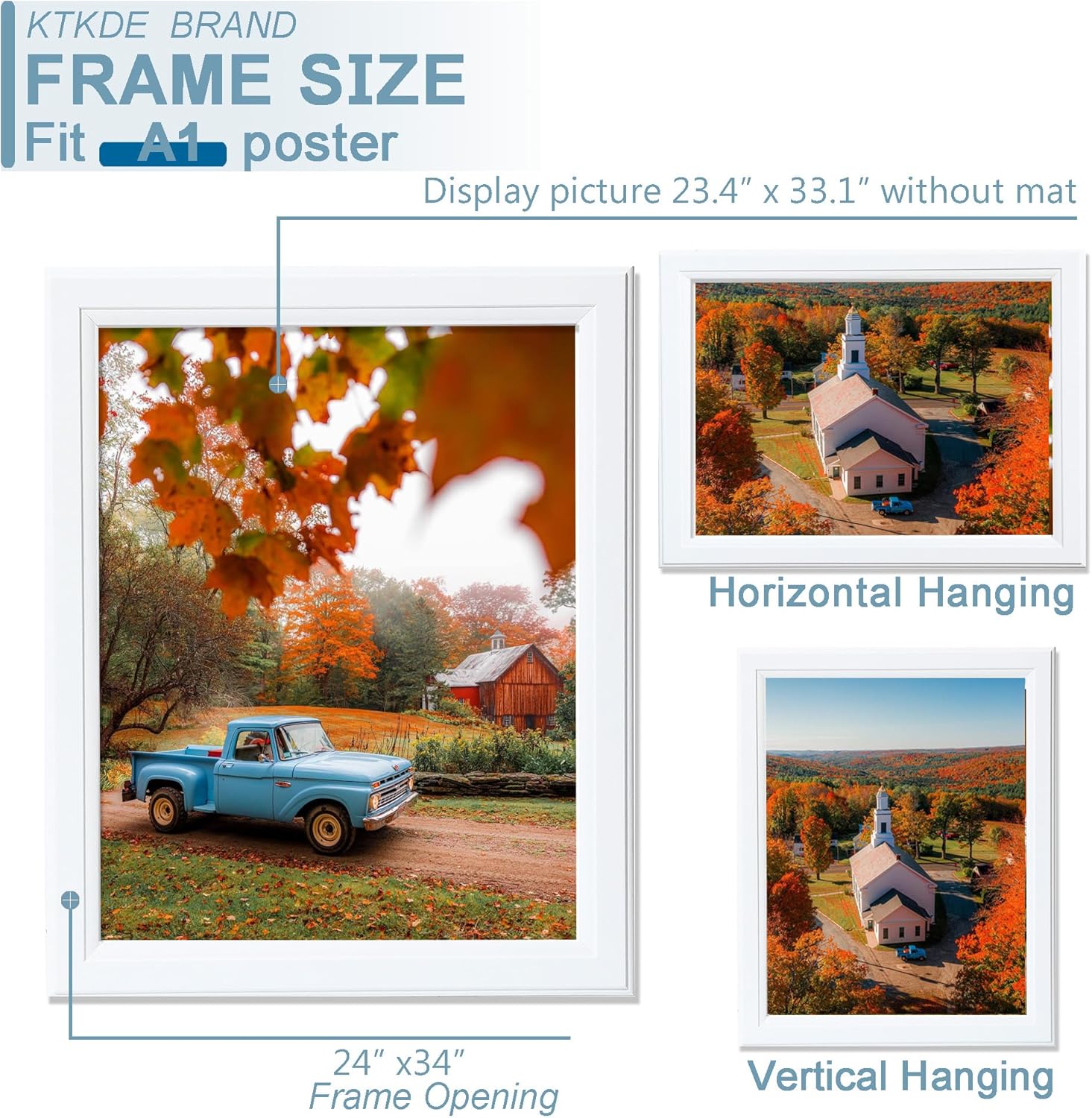 KTKDE A1 Picture Frame Set of 3, 23.4 x 33.1in Poster Frame Wooden White -Horizontal or Vertical Wall Hanging for Home, Exhibition, Caffe Large Frame for Photos, Posters - Art Prints best gift