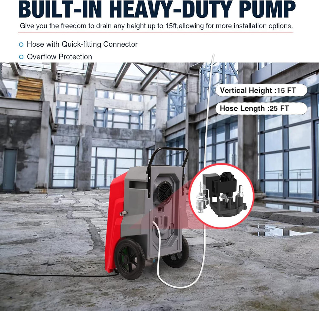 MOUNTO 180Pints LGR Industrial Dehumidifier with Pump and Drain Hose, Portable Commercial Dehumidifier with Wheels for Home, Basements, Garages, and Job Sites (Red)