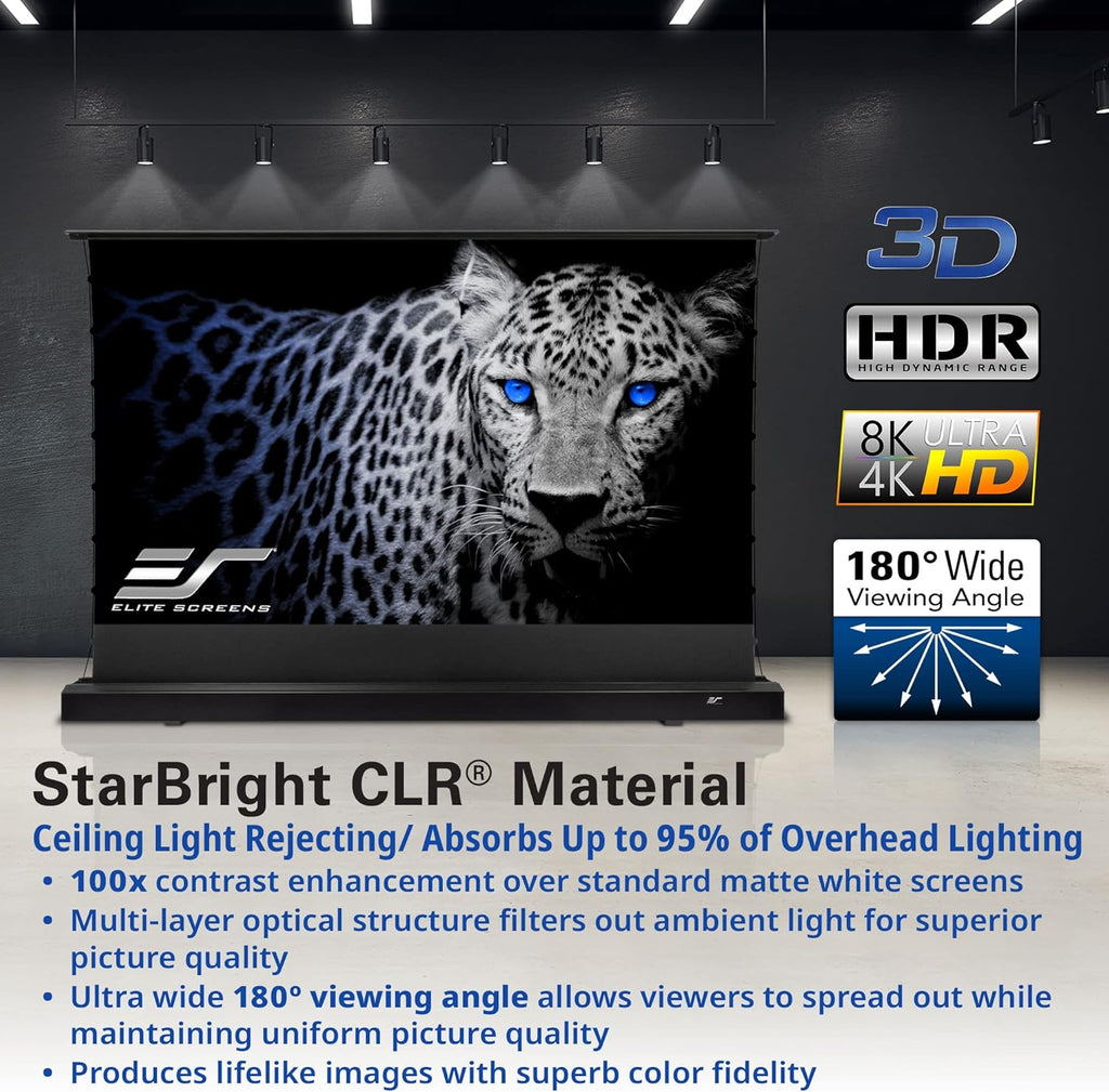 Elite Screens Kestrel Tab-Tension CLR, 121 inch 16:9, Ultra-Short Throw Ceiling Ambient Light Rejecting ALR Electric UST Floor-Rising Projection Motorized Front Projector Screen, FTE121UH3-CLR, Black
