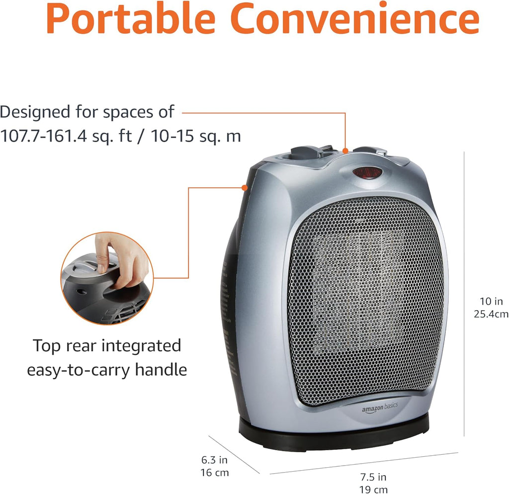 Amazon Basics Oscillating Ceramic Space Heater, Portable Indoor Heating Solution, With Overheat and Tip-Over Protection, Thermostat, 1500W, 7.52"D x 6.34"W x 9.45"H, Silver