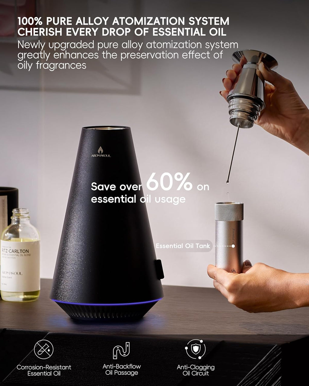 Waterless Scent Diffuser Starter Kit - 1500 Sq Ft Coverage, Alloy Atomization System,Mood Light,Smart Rechargeable Hotel Scent Diffuser, Including 120ml Essential Oil, for Home,Large Room,Spa,Black