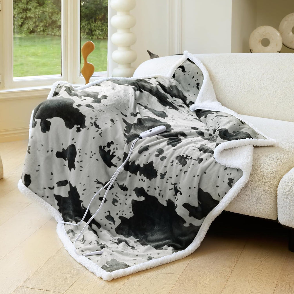 Cow Print Heated Throw Blanket Electric Blanket-Heating Blanket Throw with 10 Heat Levels & 10 Hours Auto-Off, Cozy Soft Fleece Sherpa, Washable, 50 x 60 Inches Cow Print Grey