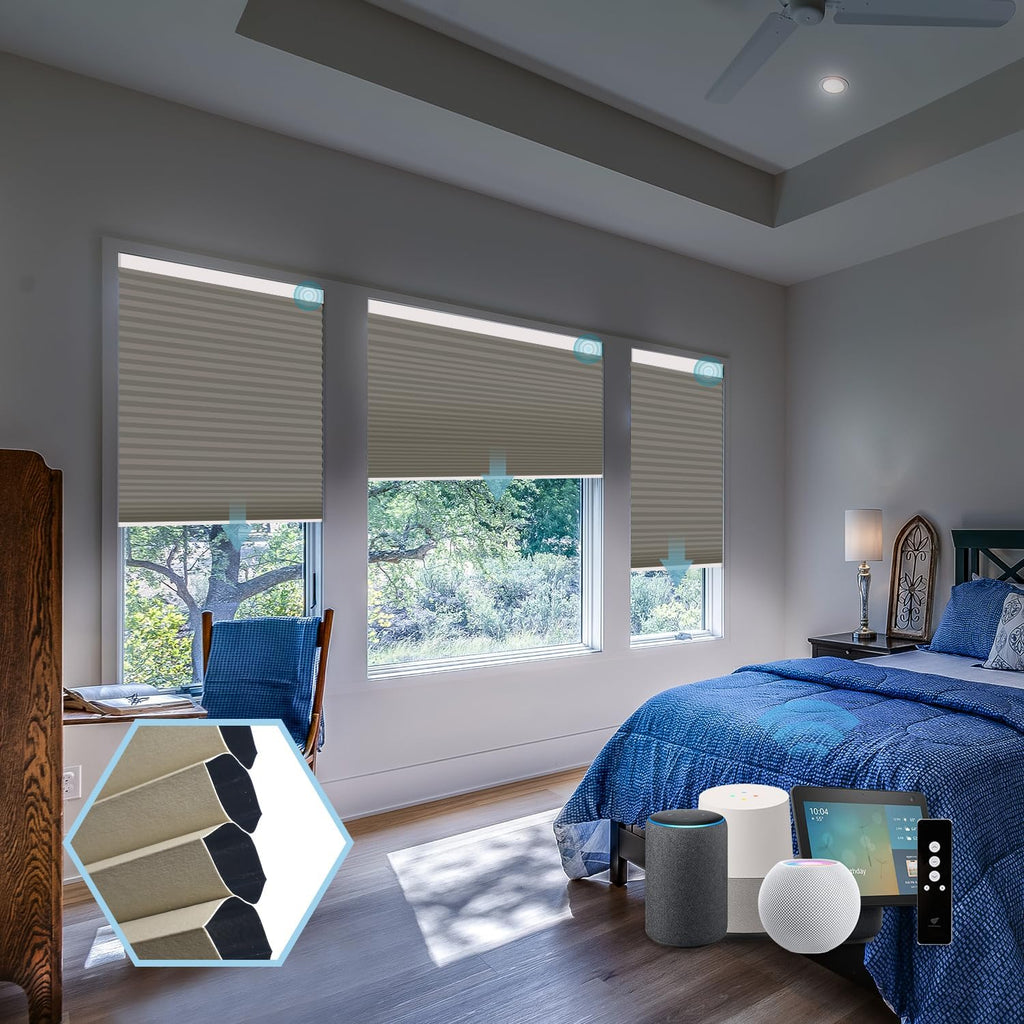 SmartWings Motorized Cellular Shades with Remote, Customized Electric Cordles Honeycomb Blinds Compatible with Alexa/Homekit/Google for Windows, 100% Blackout Single Cell Wheat