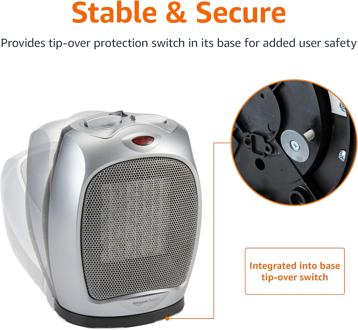 Amazon Basics Oscillating Ceramic Space Heater, Portable Indoor Heating Solution, With Overheat and Tip-Over Protection, Thermostat, 1500W, 7.52"D x 6.34"W x 9.45"H, Silver