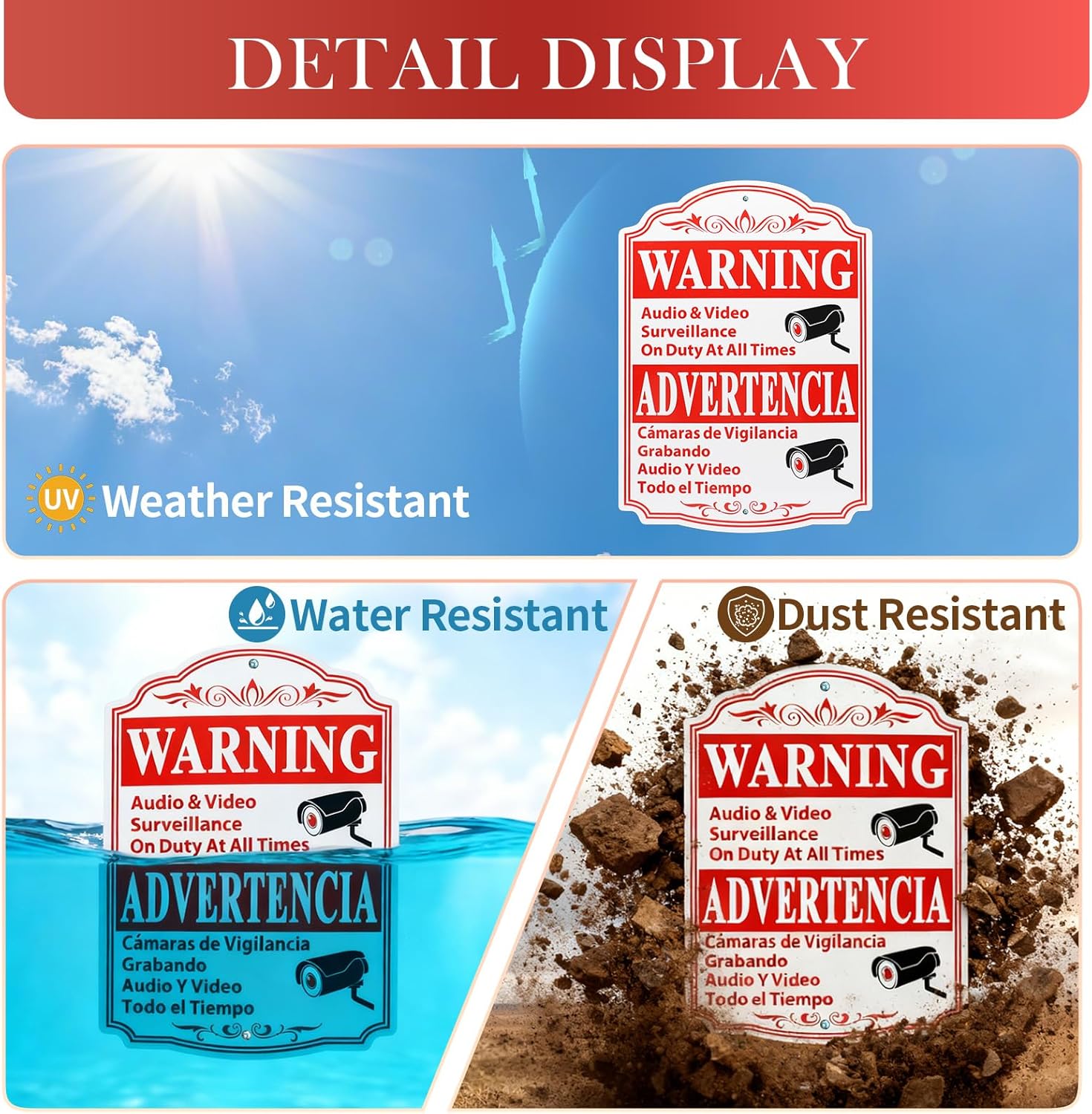 8 Pcs Video Surveillance Sign Private Property, 13.5 x 9.5 inch Thick Aluminum Reflective Sign Warning Advertencia Sign Aluminum UV Ink Printed for Home Business