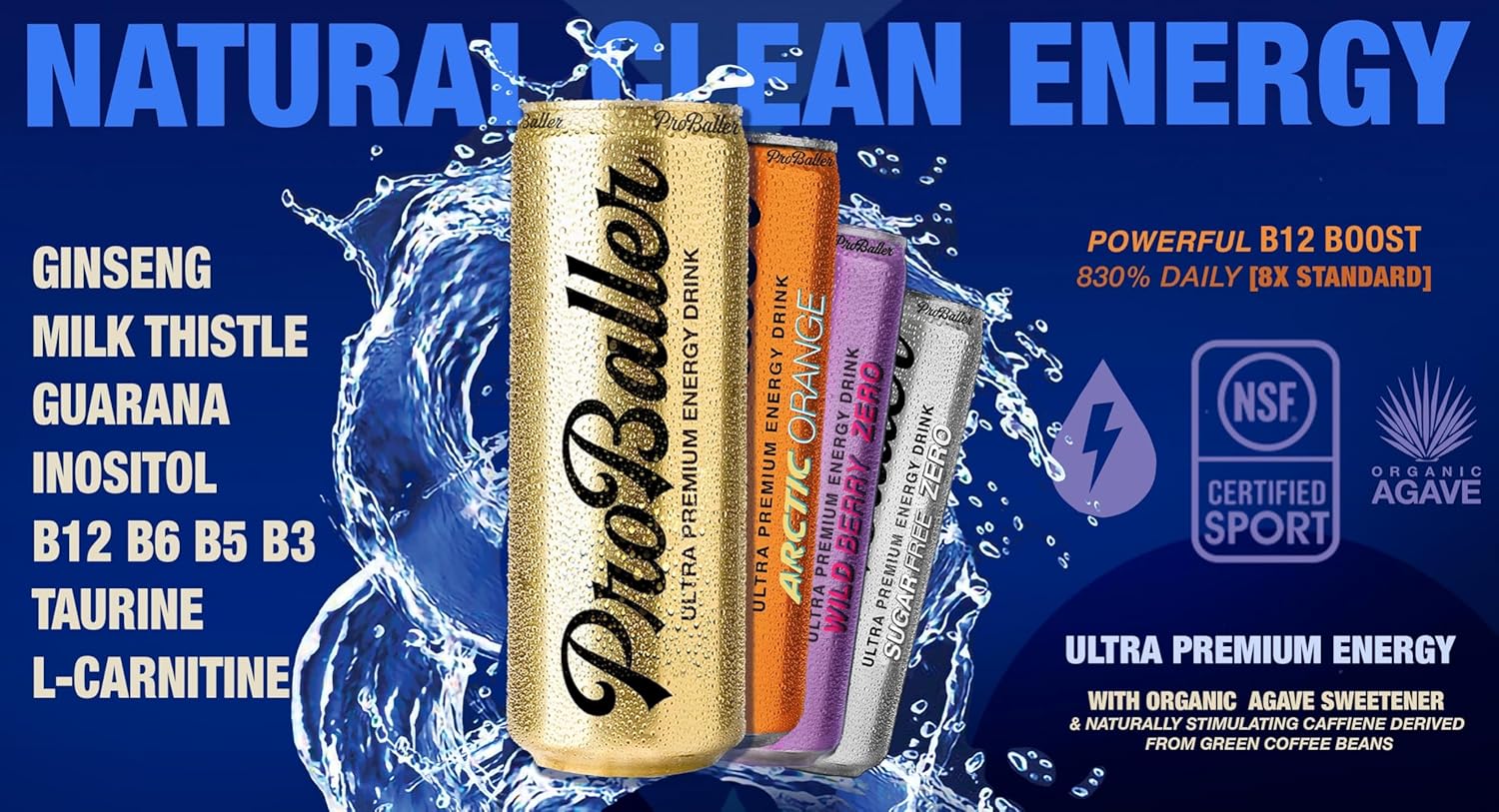 ProBaller Ultra Premium Zero Sugar Energy Drink - Natural & Clean NSF Certified Sport Drink with Amino Acids, Taurine, Biotin, Vitamin B 12 Methylcobalamin, & Electrolytes - 15 Pack - Wild Berry