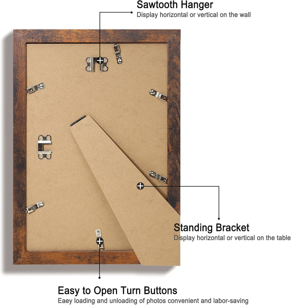 iRahmen 8x12 Picture Frame Set of 4 with High Definition Real Glass, Display 6x8 Pictures with Mat or 8 x 12 Without Mat, Wood Rustic Photo Frames for Tabletop and Wall Mounting