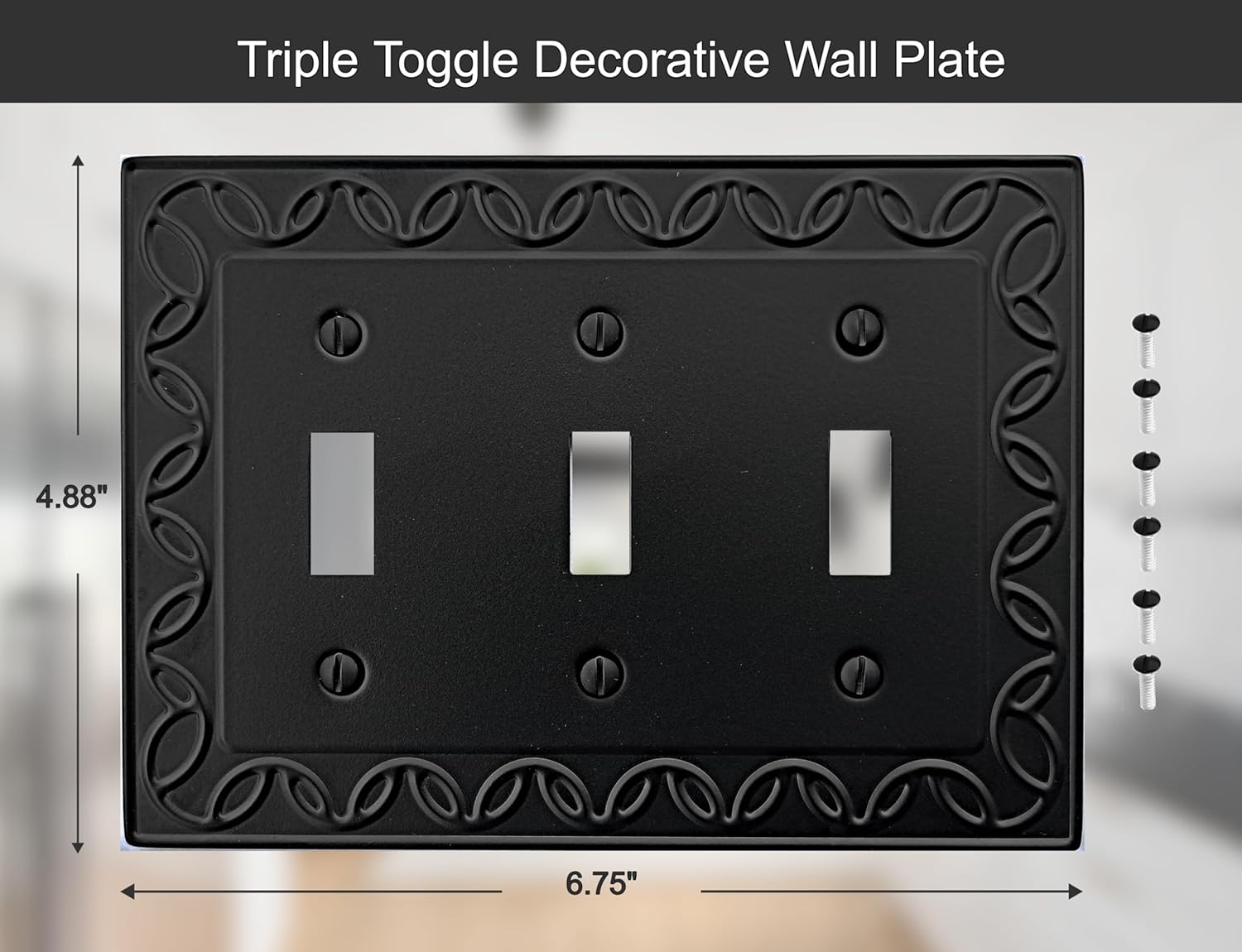 Triple Toggle Light Switch Cover NovaBloom Metal Wall Plate, 2-Pack Black 3 Gang, Light Switch Cover Decorative Wallplate, Durable