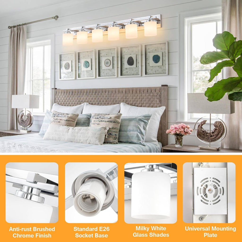 6 Light Modern Bathroom Light Fixtures Over Mirror, Chrome Vanity Lights for Bathroom Wall Sconces with Milky White Glass Shades, E26 Socket (Bulbs Not Included)