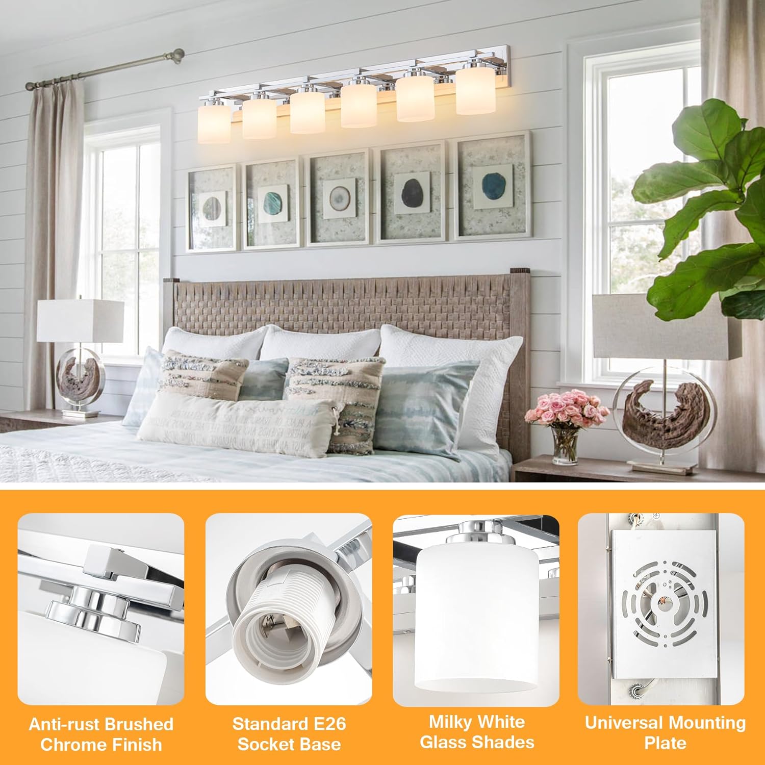 6 Light Modern Bathroom Light Fixtures Over Mirror, Chrome Vanity Lights for Bathroom Wall Sconces with Milky White Glass Shades, E26 Socket (Bulbs Not Included)