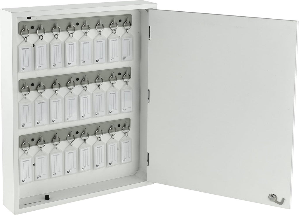 Acrimet 24-Key Cabinet with Lock, Wall Mount Wooden Key Organizer, Security Key Storage Box (24 Positions) with Numbered Hooks & Crystal Key Tags – Commercial & Home Use (White)