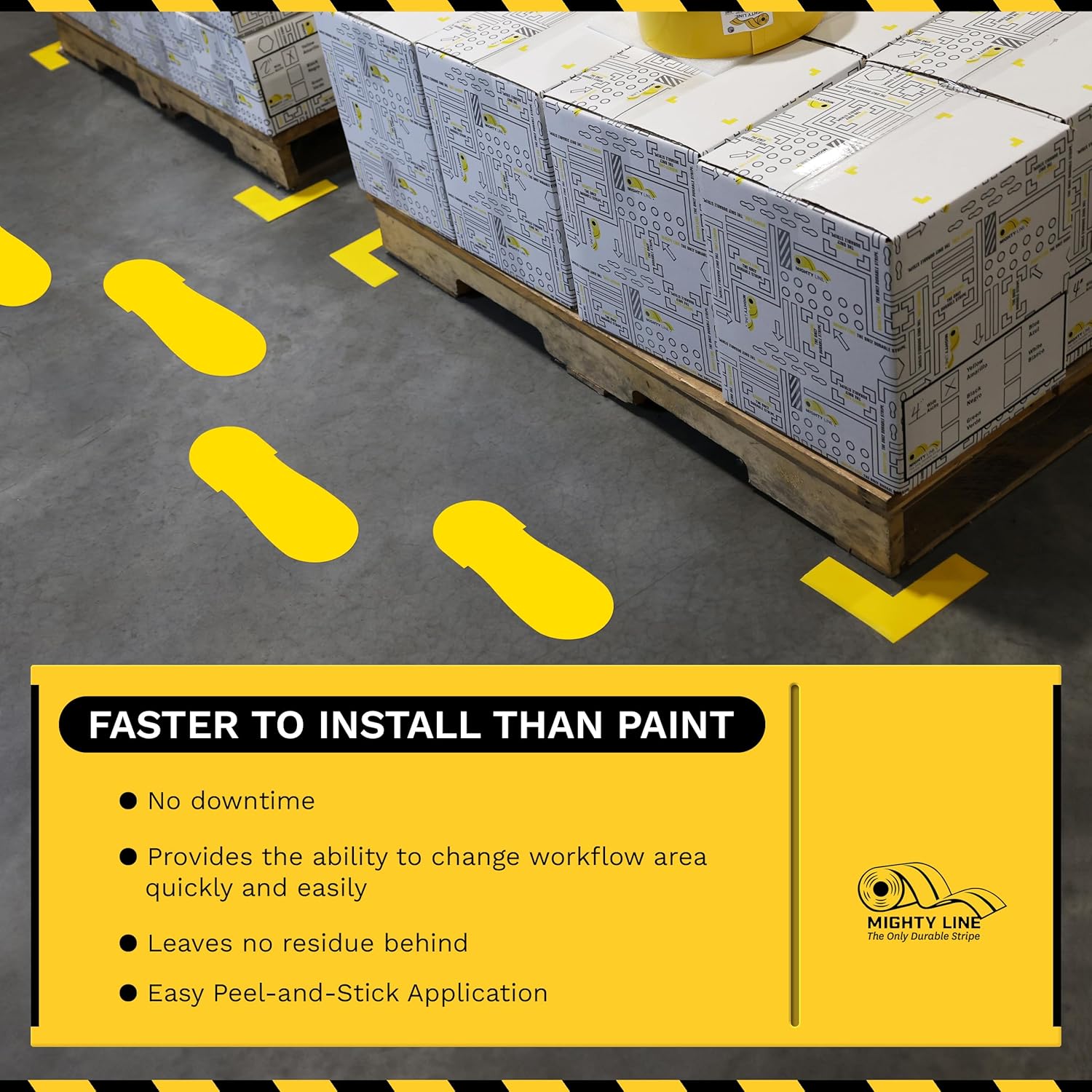 Mighty Line Big Footprints Floor Marking Tape for Safety, Caution, Warning, Heavy-Duty, Peel and Stick, Adhesive, Industrial Quality, 12" Long x 5" Wide, Gray, Pack of 50
