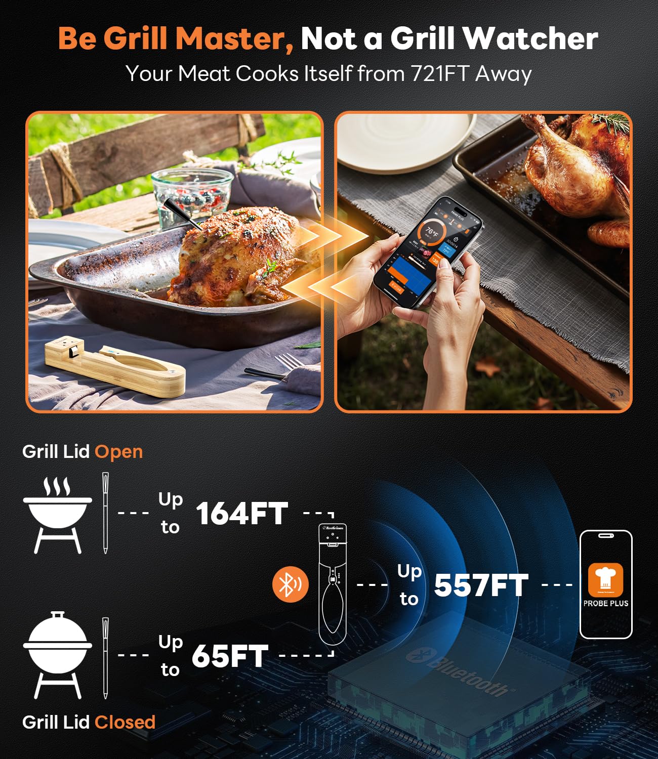 Beelicious Pro Wireless Meat Thermometer – Stable Bluetooth Smart Probe with ±1.8℉ Accuracy, 0.5s Fast Response & Long-Lasting Battery, IP67 Waterproof, App Controlled for Grill, Oven, Air Fryer
