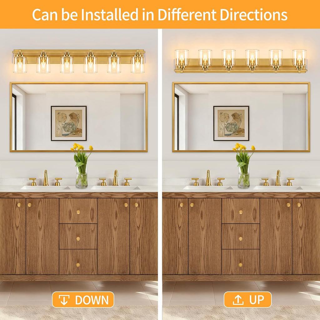 6 Light Modern Bathroom Light Fixtures Over Mirror, Brass Finish Vanity Lights for Bathroom Wall Sconces with Clear Glass Shades, E26 Socket (Bulbs Not Included)