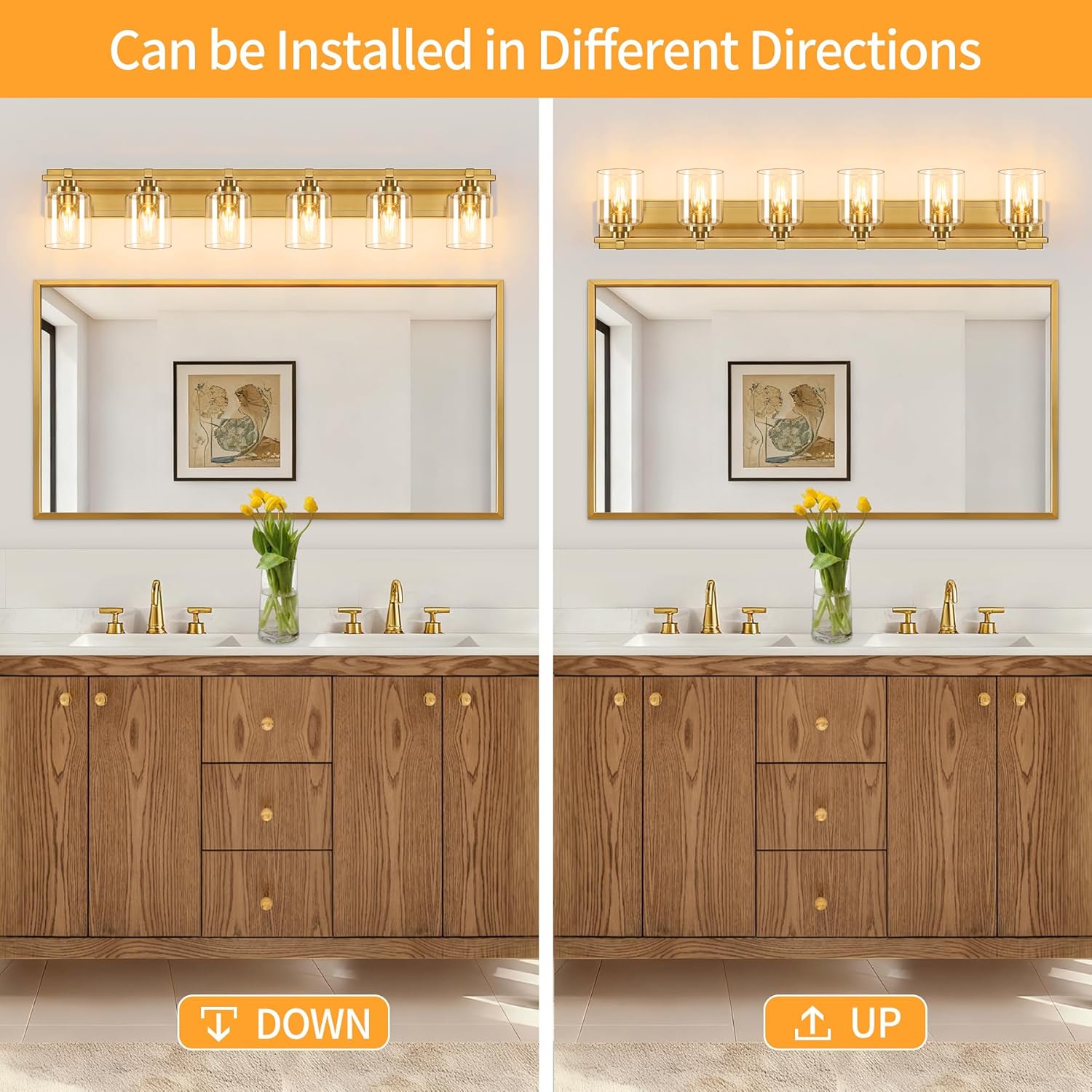 6 Light Modern Bathroom Light Fixtures Over Mirror, Brass Finish Vanity Lights for Bathroom Wall Sconces with Clear Glass Shades, E26 Socket (Bulbs Not Included)