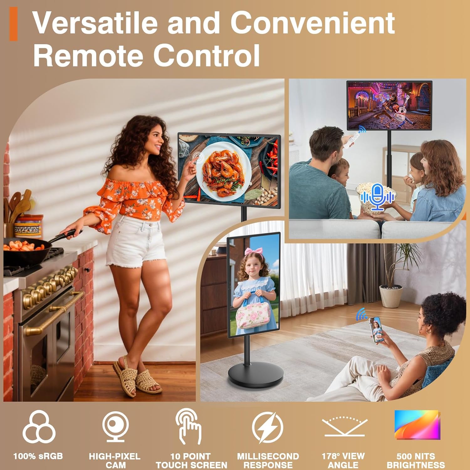 32-Inch Portable Smart Tablet, Portable TV on Wheels with 4K Camera, 8G RAM+128G Storage, Android 13 OS, Built-in Battery(Up to 8H), Full Swivel Rotation, Voice Remote Control(Black)