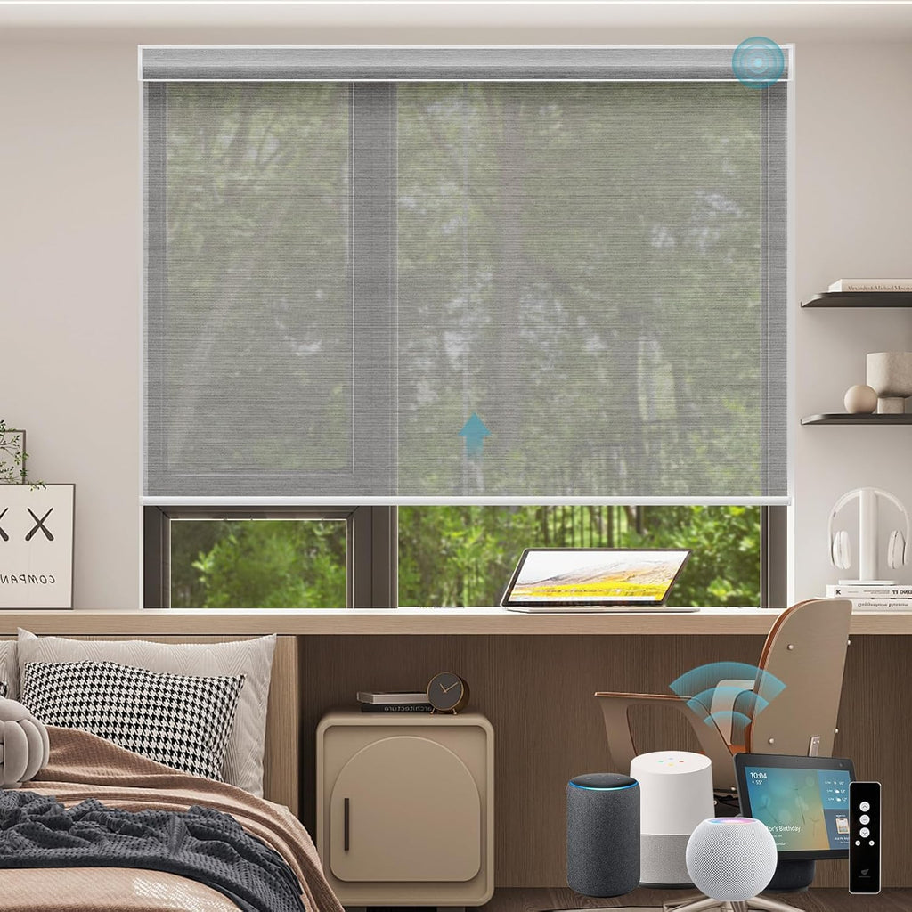 SmartWings Motorized Smart Blinds for Windows in Light Filtering, Electric Remote Roller Shades Compatible with Alexa/Google Home/Homekit, Custom Up to 110”W x 148”H, 5% Openness PVC Free Silver